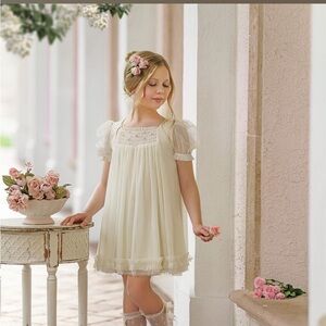 Girls' Cream Tulle Formal Dress with Ruffle Hem